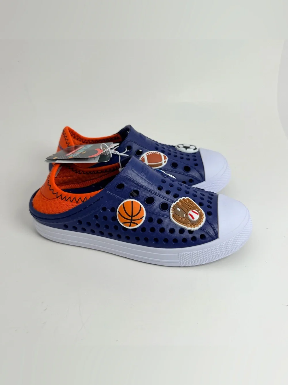 Skechers Navy Blue Kids Slip-On Sport Sandals with White Toe and Orange Lining